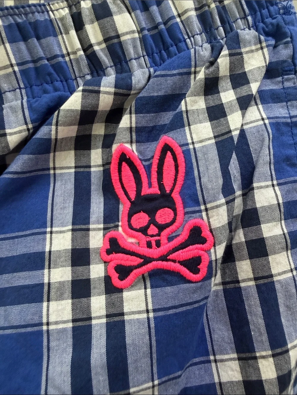 Psycho Bunny Blue Plaid Men’s Jogger Lounge Pants with Pink Logo